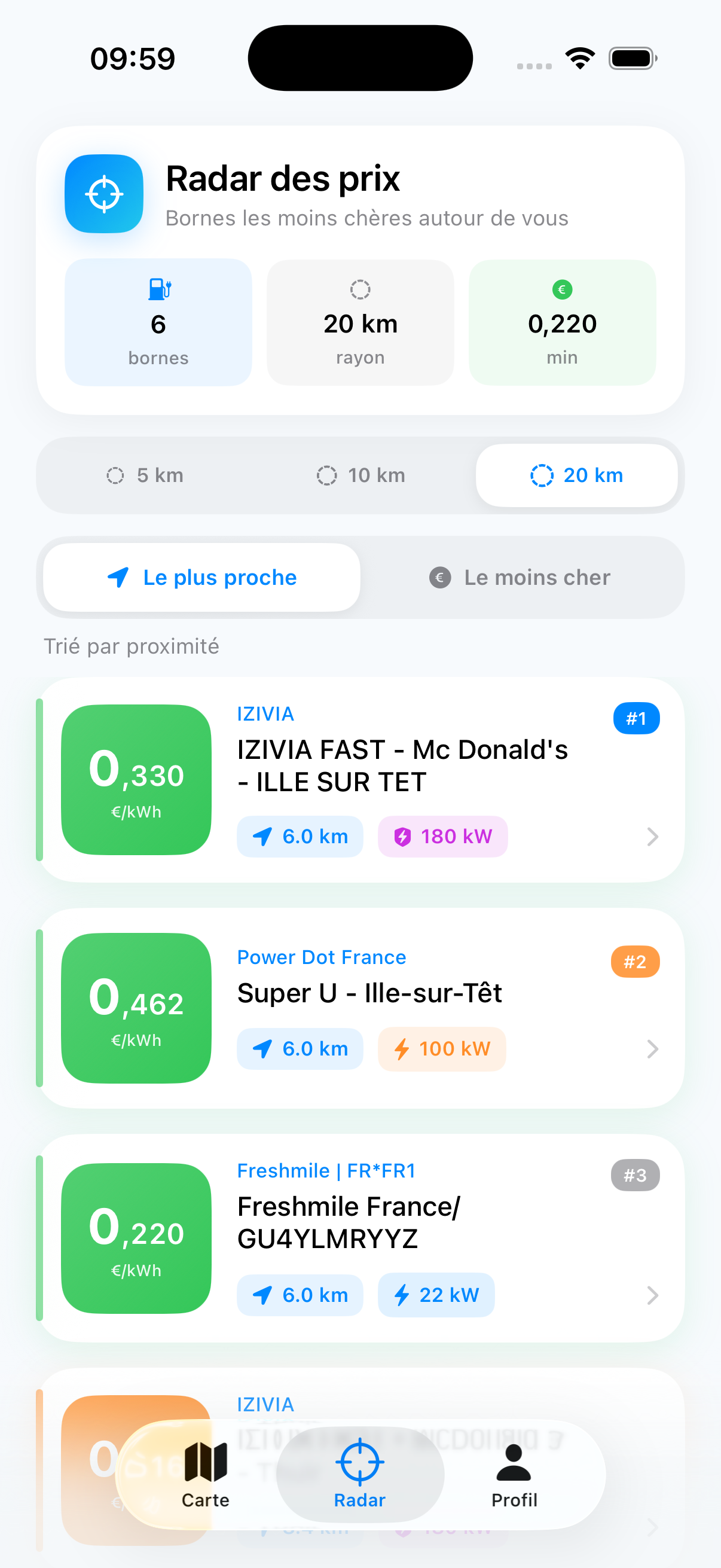 Radar MyCharge — comparateur de prix des bornes de recharge autour de vous