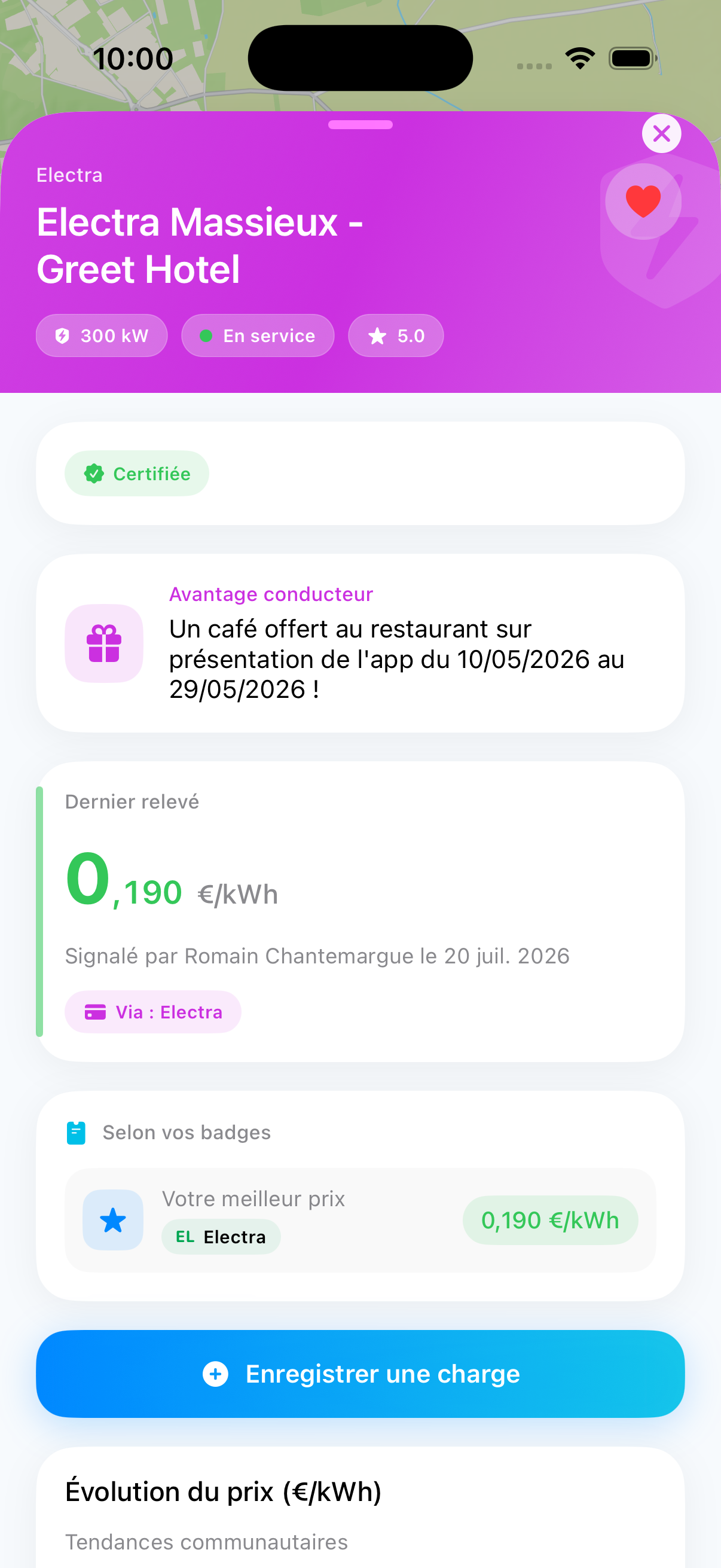 Écran d'accueil de l'application MyCharge